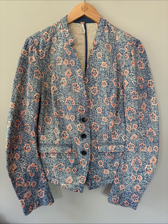Free People Jackets & Blazers - Free People Floral Blazer Jacket Size 12 Blue Coral Pink Cream Boho Cottage